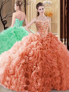 Beautiful Sleeveless Floor Length Embroidery and Ruffles Lace Up Vestidos de Quinceanera with Orange
