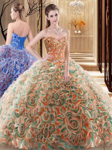 Fabric With Rolling Flowers Sleeveless With Train Sweet 16 Dress Brush Train and Embroidery and Ruffles