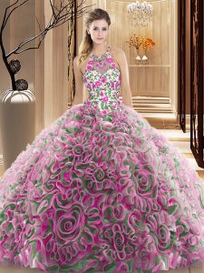 High Quality Multi-color Sleeveless Fabric With Rolling Flowers Brush Train Criss Cross Ball Gown Prom Dress for Militar