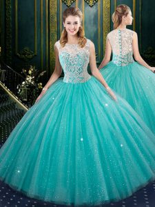 Stylish Aqua Blue Sleeveless Tulle Zipper Quince Ball Gowns for Military Ball and Sweet 16 and Quinceanera