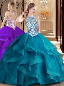 Scoop Tulle Sleeveless Quince Ball Gowns Brush Train and Embroidery and Ruffles