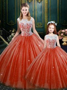 Great High-neck Sleeveless Tulle Quinceanera Gowns Lace Zipper