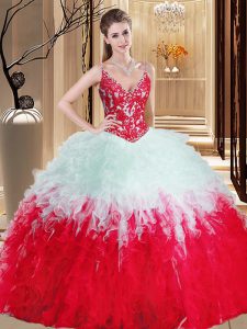 White And Red Ball Gowns Straps Sleeveless Organza Floor Length Lace Up Appliques and Ruffles Vestidos de Quinceanera