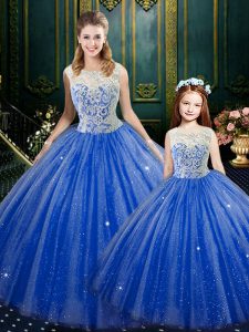 Sleeveless Tulle Floor Length Zipper Quince Ball Gowns in Royal Blue with Lace