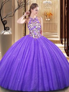 Elegant Scoop Lavender Ball Gowns Embroidery and Sequins Sweet 16 Dresses Backless Tulle Sleeveless Floor Length