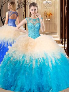 Top Selling Backless High-neck Sleeveless 15th Birthday Dress Floor Length Beading and Ruffles Multi-color Tulle