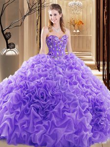 Sleeveless Fabric With Rolling Flowers Court Train Lace Up Quinceanera Gown in Lavender with Embroidery and Ruffles and 