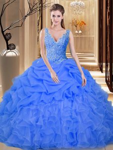 Enchanting Blue Ball Gowns Organza V-neck Sleeveless Lace and Appliques and Ruffles and Pick Ups Floor Length Backless Q