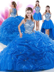 Dramatic Four Piece Royal Blue Zipper Quince Ball Gowns Beading and Pick Ups Sleeveless Floor Length