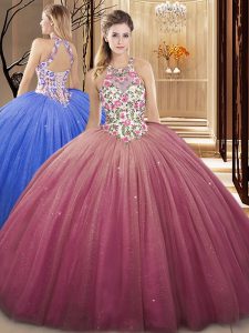 Enchanting High-neck Sleeveless Sweet 16 Dress Floor Length Lace and Appliques Burgundy Tulle