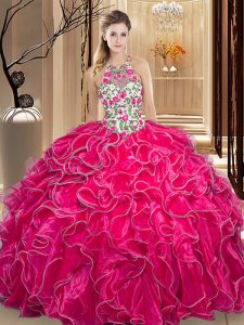 Attractive Ball Gowns Sweet 16 Dresses Hot Pink Scoop Organza Sleeveless Floor Length Backless