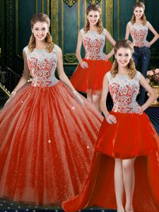 Fabulous Four Piece Beading and Lace Sweet 16 Dress Orange Red Zipper Sleeveless Floor Length