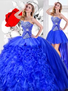 Three Piece Blue Ball Gowns Beading and Ruffles Quince Ball Gowns Lace Up Organza Sleeveless Floor Length