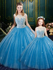 Exquisite Baby Blue High-neck Neckline Lace Quinceanera Dress Sleeveless Lace Up