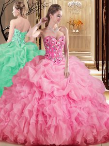 Rose Pink Organza Lace Up 15 Quinceanera Dress Sleeveless Brush Train Embroidery and Ruffles and Pick Ups
