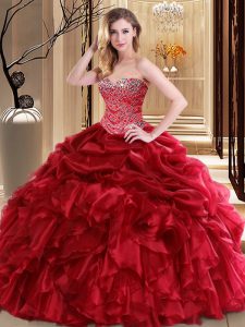 Red Lace Up Quinceanera Dress Beading and Pick Ups Sleeveless Floor Length