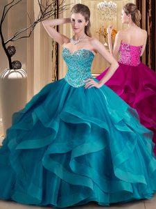 Affordable Tulle Sweetheart Sleeveless Lace Up Beading and Ruffles Sweet 16 Quinceanera Dress in Teal