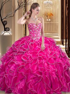 Comfortable Floor Length Fuchsia Sweet 16 Dress Sweetheart Sleeveless Lace Up