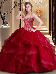 Sweetheart Sleeveless Lace Up Quinceanera Dresses Wine Red Tulle