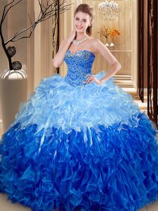 Sleeveless Organza Floor Length Lace Up Quinceanera Gown in Multi-color with Beading and Ruffles