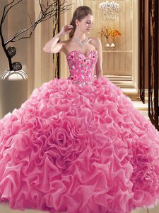 Ideal Sweetheart Sleeveless Vestidos de Quinceanera Floor Length Embroidery and Ruffles and Pick Ups Rose Pink Fabric Wi