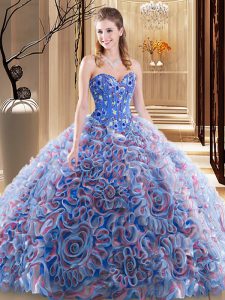 Flirting With Train Multi-color Quinceanera Dresses Fabric With Rolling Flowers Brush Train Sleeveless Embroidery and Ru