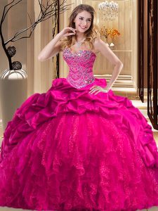 Unique Sweetheart Sleeveless Brush Train Lace Up Quinceanera Dresses Hot Pink Taffeta and Tulle