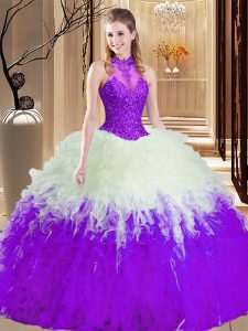 White And Purple Quince Ball Gowns Military Ball and Sweet 16 and Quinceanera and For with Lace and Appliques and Ruffle