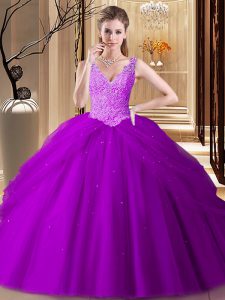 Pick Ups Ball Gowns Quince Ball Gowns Purple V-neck Tulle Sleeveless Floor Length Backless