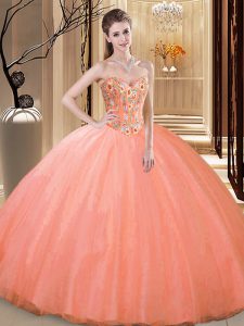 Exceptional Tulle Sweetheart Sleeveless Lace Up Embroidery Sweet 16 Quinceanera Dress in Peach