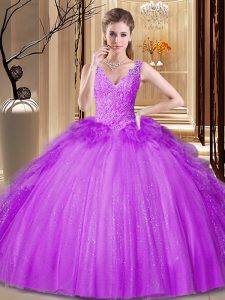 Purple Tulle and Sequined Backless V-neck Sleeveless Floor Length Quinceanera Gowns Appliques and Ruffles and Sequins
