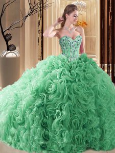 Turquoise Sleeveless Fabric With Rolling Flowers Court Train Lace Up Ball Gown Prom Dress for Prom and Military Ball and
