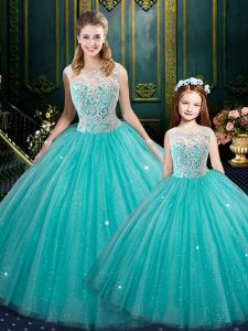 Shining Turquoise Sleeveless Lace Floor Length Ball Gown Prom Dress