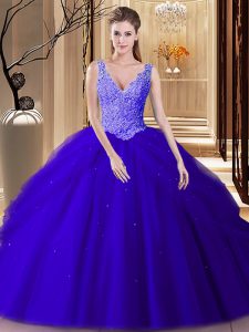 Royal Blue V-neck Backless Lace and Appliques and Pick Ups 15th Birthday Dress Sleeveless