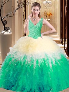 Attractive Sleeveless Zipper Floor Length Lace and Appliques and Ruffles Sweet 16 Dresses