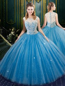 Blue Ball Gowns Tulle High-neck Sleeveless Lace Floor Length Zipper 15th Birthday Dress
