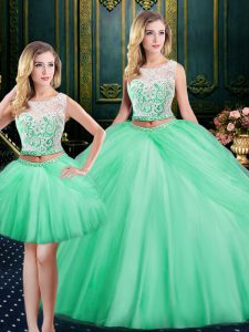 Classical Three Piece Scoop Floor Length Apple Green Quinceanera Dresses Satin and Tulle Sleeveless Lace and Pick Ups