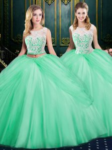 Apple Green Two Pieces Scoop Sleeveless Tulle Floor Length Zipper Lace and Pick Ups Quinceanera Gowns