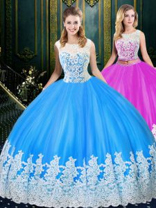 Scoop Floor Length Zipper Vestidos de Quinceanera Baby Blue for Military Ball and Sweet 16 and Quinceanera with Lace and