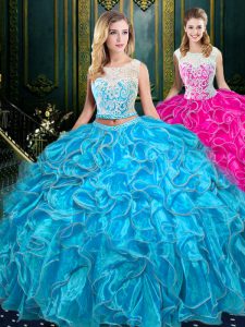 Excellent Scoop Floor Length Baby Blue Quinceanera Dresses Organza Sleeveless Lace and Ruffles
