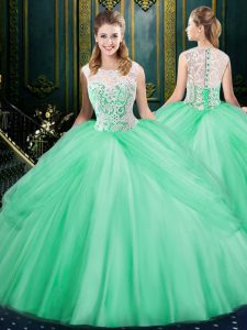 Noble Scoop Apple Green Tulle Zipper Ball Gown Prom Dress Sleeveless Floor Length Lace and Pick Ups