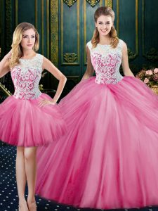 Three Piece Pink Tulle Zipper Scoop Sleeveless Floor Length 15th Birthday Dress Lace and Pick Ups