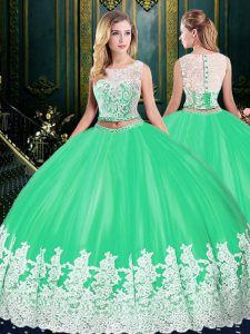 Artistic Scoop Apple Green Tulle Zipper 15th Birthday Dress Sleeveless Floor Length Lace and Appliques