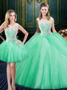 Exquisite Three Piece Tulle Scoop Sleeveless Lace Up Lace and Pick Ups Sweet 16 Dress in Apple Green
