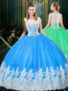 Fabulous Scoop Baby Blue Zipper Quinceanera Gown Lace and Appliques Sleeveless Floor Length