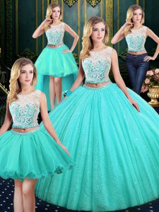 Beautiful Four Piece Blue Scoop Neckline Lace and Sequins Ball Gown Prom Dress Sleeveless Lace Up