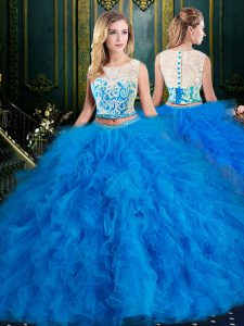Pretty Scoop Floor Length Blue Sweet 16 Dress Tulle Sleeveless Lace and Ruffles