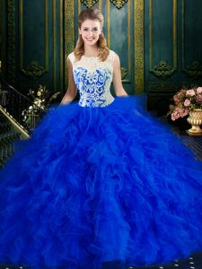 Gorgeous Royal Blue Ball Gowns Scoop Sleeveless Tulle Floor Length Zipper Lace and Ruffles Vestidos de Quinceanera