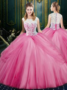 Rose Pink Tulle Zipper Scoop Sleeveless Floor Length Sweet 16 Dress Lace and Pick Ups