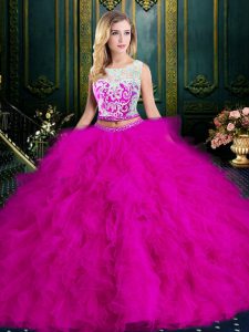Popular Scoop Tulle Sleeveless Floor Length Quinceanera Dress and Lace and Ruffles